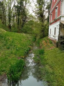 a stream in a yard next to a house at Kalmár Vendégház-Vadászház in Tornyiszentmiklós