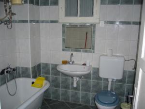 a bathroom with a sink and a toilet and a bath tub at Kalmár Vendégház-Vadászház in Tornyiszentmiklós