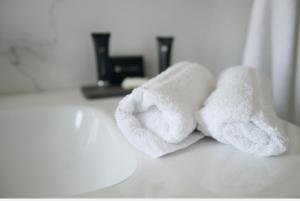 due asciugamani seduti sopra un bancone del bagno di B&B Riva del Gallo a Tresigallo