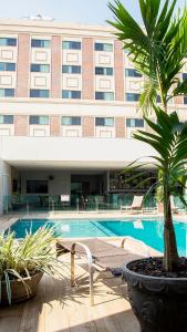 duży budynek z basenem i palmą w obiekcie Golden Plaza Hotel w mieście Porto Velho