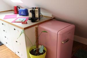 a pink refrigerator in a room with a desk at gemütliches Gästezimmer in Ostseenähe in Stubbendorf