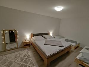 ein Schlafzimmer mit einem großen Bett und einem Spiegel in der Unterkunft Ferienwohnung An der Kapelle in Rickenbach