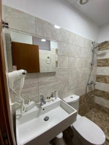 a bathroom with a sink and a toilet at Old Town Hotel in Gjirokastër