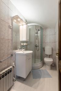 W łazience znajduje się umywalka, prysznic i toaleta. w obiekcie Villa Amigo w Podstranie