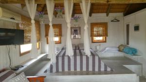 un salon avec un lit et une télévision dans l'établissement Cabañas Las Achiras, à Punta del Diablo