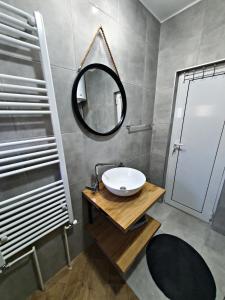 La salle de bains est pourvue d'un lavabo et d'un miroir. dans l'établissement Luxor Apartmani 2, à Vrnjačka Banja
