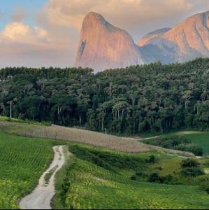 uma estrada sinuosa num campo com montanhas ao fundo em Encanto do Lagarto em Domingos Martins