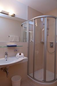 ein Bad mit einer Dusche und einem Waschbecken in der Unterkunft Alpina Appartements in Nauders