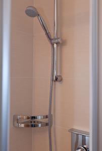 a shower with a shower head in a bathroom at Alpina Appartements in Nauders