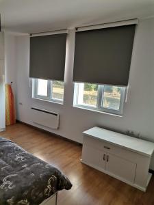 a bedroom with two windows and a bed and a desk at Апартамент Стил in Velingrad