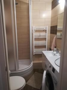 ein Bad mit einer Dusche, einem WC und einem Waschbecken in der Unterkunft Var Apartman in Miskolc
