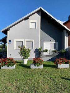 a house with three flower pots in front of it at Apartmani Ana Vukovar in Vukovar