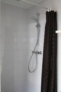 einem Duschkopf und einem Duschvorhang im Bad in der Unterkunft Studio Waves in Egmond aan Zee