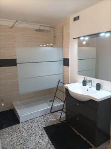 a bathroom with a sink and a shower and a mirror at Le pain perdu de germaine in Château-Gontier