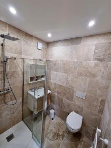 y baño con ducha, aseo y lavamanos. en LA MAISON DE LIVIA, chambres et table d'hôtes, en Sauzet