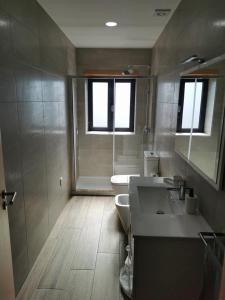 a bathroom with two sinks and a toilet and two windows at casa do mestre in Vieira do Minho