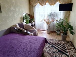 1 dormitorio con cama morada y ventana en Апартаменти в центрі міста en Kamianets-Podilskyi