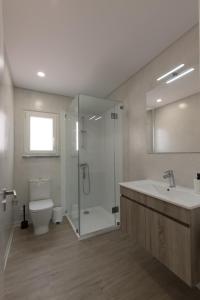 een badkamer met een douche, een toilet en een wastafel bij Casa Caravela - Vale de Lourinhã in Praia da Areia Branca