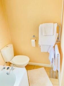 a bathroom with a toilet and a sink and towels at The Mallards in Sleaford