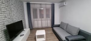 ein Wohnzimmer mit einem Sofa und einem TV in der Unterkunft Apartament L & L in Deva