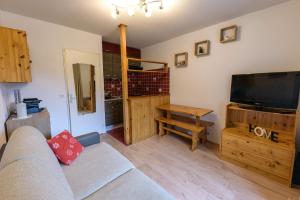 a living room with a couch and a flat screen tv at Studio chaleureux et ensoleillé ! in Allos