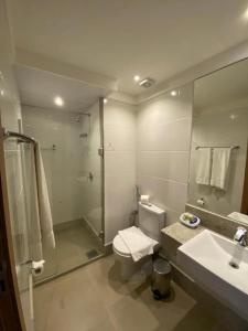 a bathroom with a toilet and a shower and a sink at Cond Vista Azul in Pedra Azul