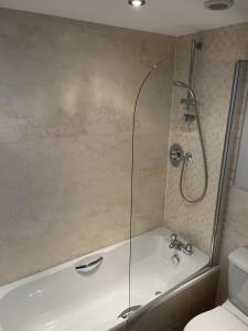 a shower with a glass door next to a toilet at Burry Port Harbour Apartment in Burry Port +4 photos