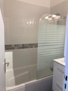 een badkamer met een douche met een glazen deur bij travelski home select - Résidence Boedette in Les Menuires +22 foto's