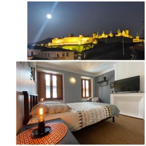two pictures of a bedroom with a bed and a tv at Rooftop Face à la Cité 'RFC' in Carcassonne