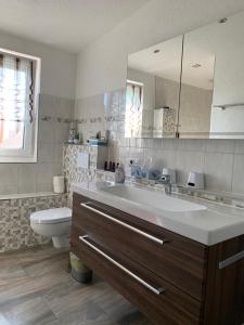 a bathroom with a sink and a toilet and a mirror at FeWo Weitblick in Singen