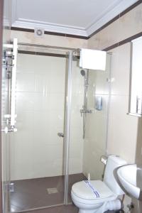 a bathroom with a shower and a toilet and a sink at Zolota Forel Hotel in Korostov