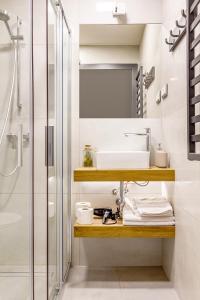 een badkamer met een wastafel en een douche bij H&G Boutique Apartments in Oświęcim