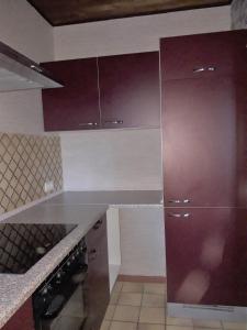 a kitchen with purple cabinets and a counter top at Ferienwohnung Bruni in Birresborn