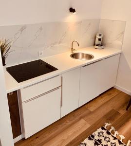 a kitchen with white cabinets and a sink at Gästehaus zur Uni Klinik Exklusives Apartment mit Küche und Badezimmer in Homburg +19 photos
