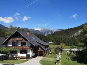 a black house with mountains in the background at Apartmaji Preželj in Bohinj