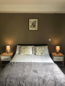 a bedroom with a large bed with two nightstands and two lamps at Kate's Rest in Kilkenny