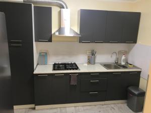 a kitchen with black cabinets and a sink at IKEA Home in Berehove