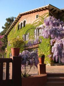 un edificio con flores púrpuras delante de él en Masia Vista Hermosa, en Vallromanes