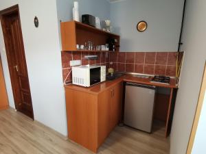 a small kitchen with a microwave on a counter at Rózsa Apartman in Gyula