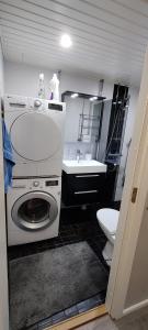 y baño con lavadora y lavamanos. en Freshly renovated apartment, perfect for couple, en Kerava