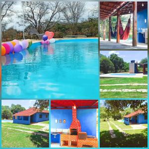 eine Collage mit Fotos von einem Pool und einem Spielplatz in der Unterkunft Chácara Nilton soares in São José da Barra