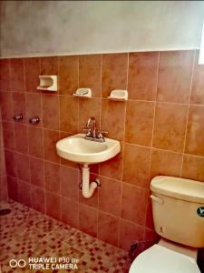 a bathroom with a sink and a toilet at Cabañas tipo habitación " El paraíso de Zacatlán" in Zacatlán