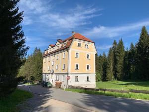 a large building on the side of a road at Schöneben Apartment Zollhaus 