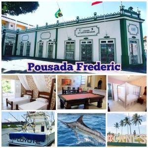 uma colagem de fotos de um edifício com um tubarão na água em Pousada Canavieiras Frederic em Canavieiras