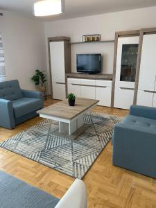 クリニツァ・ズドルイにあるApartament Czarny Potokのリビングルーム(テーブル、青い椅子2脚付)