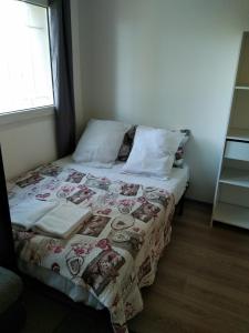 um quarto com uma cama com uma colcha em Superbe studio parking calme sécurisé em Montpellier