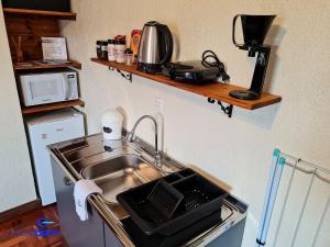 a kitchen counter with a sink and a microwave at Studio Home Office - Nova Petrópolis in Nova Petrópolis