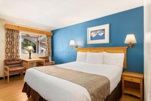 a bedroom with a large bed and a blue wall at Skylark Shores Resort in Lakeport