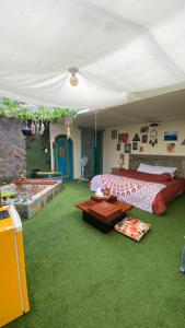 安巴托的住宿－Cosmos Chill - Suite con jacuzzi y acuario，一间铺有绿色地毯的卧室,配有一张床和一张桌子