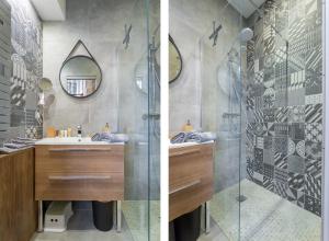 two pictures of a bathroom with a sink and a shower at Host inn Lyon - Hypercentre Vieux Lyon in Lyon